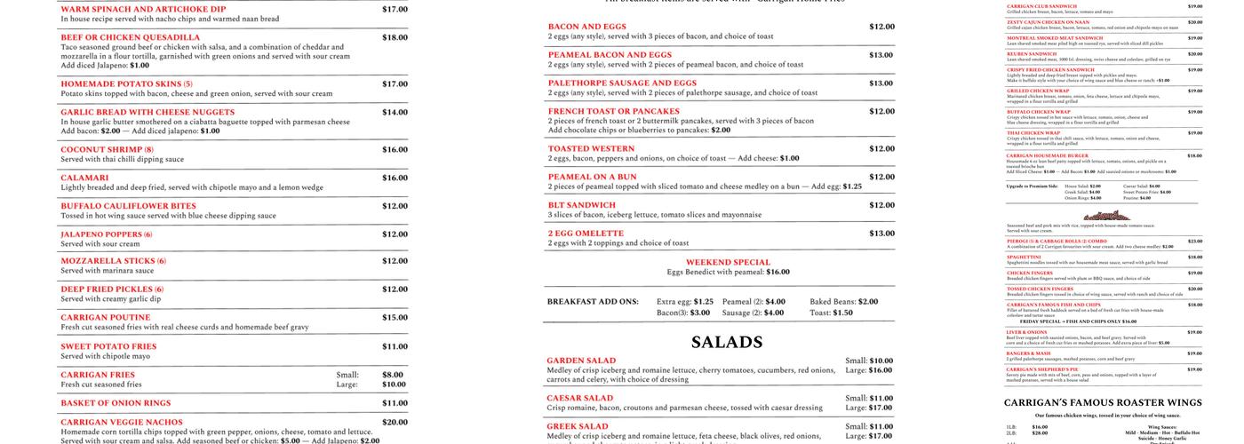 Carrigan Arms Menu