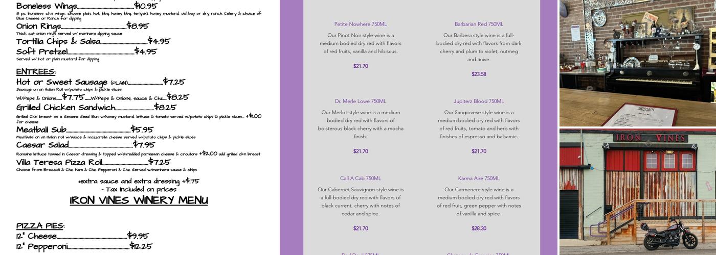 Iron Vines Winery Menu
