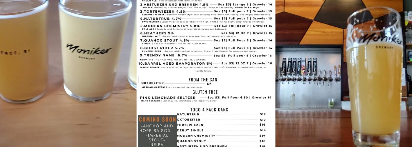 Moniker Brewery Menu