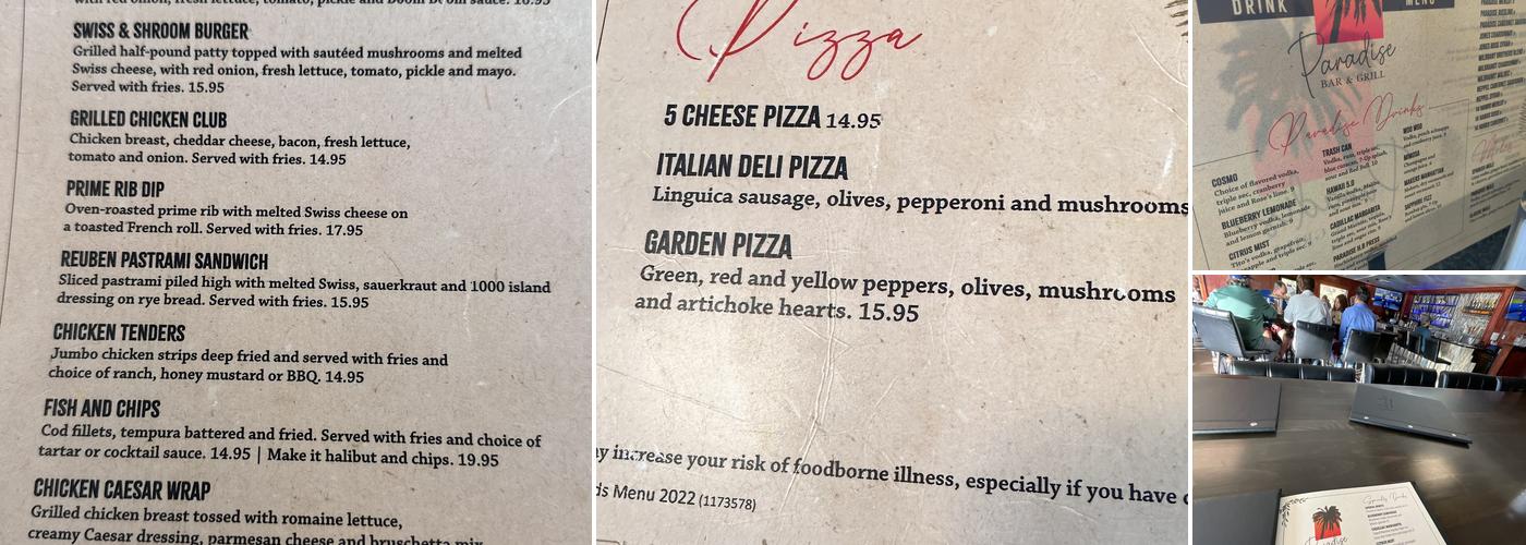 Paradise Bar & Grill Menu