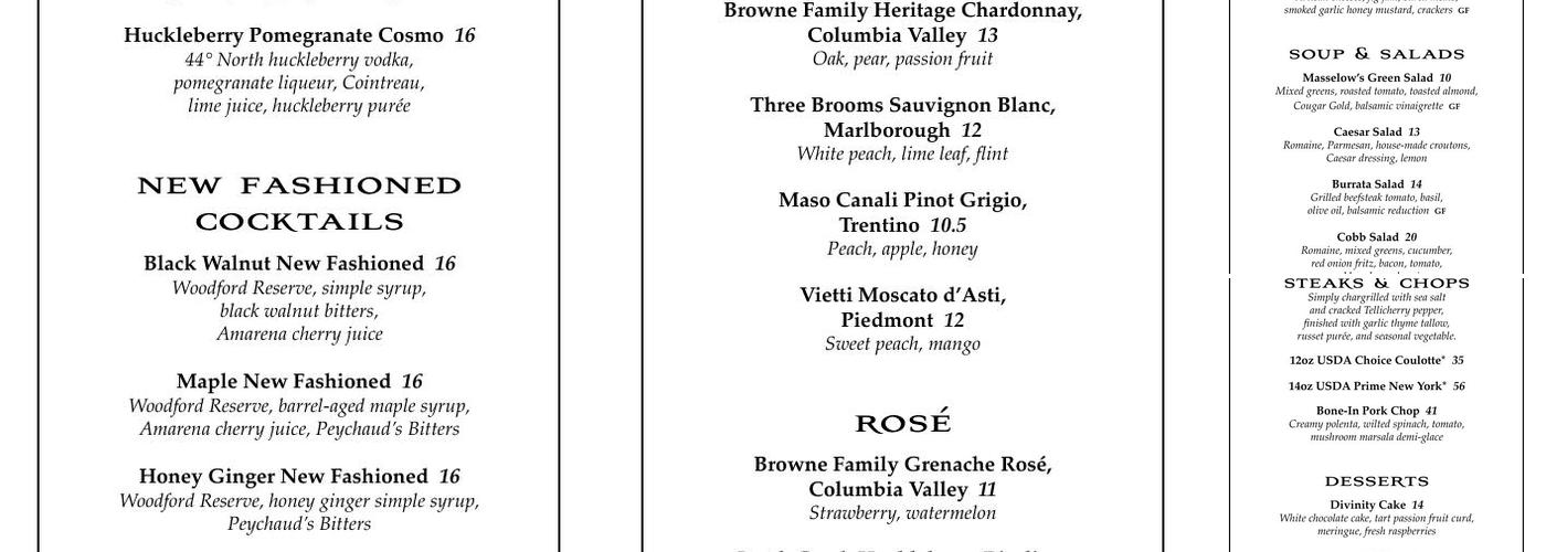 The Lounge at Masselow's Menu