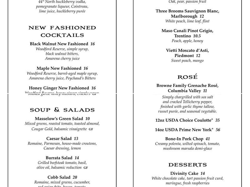 The Lounge at Masselow's Menu