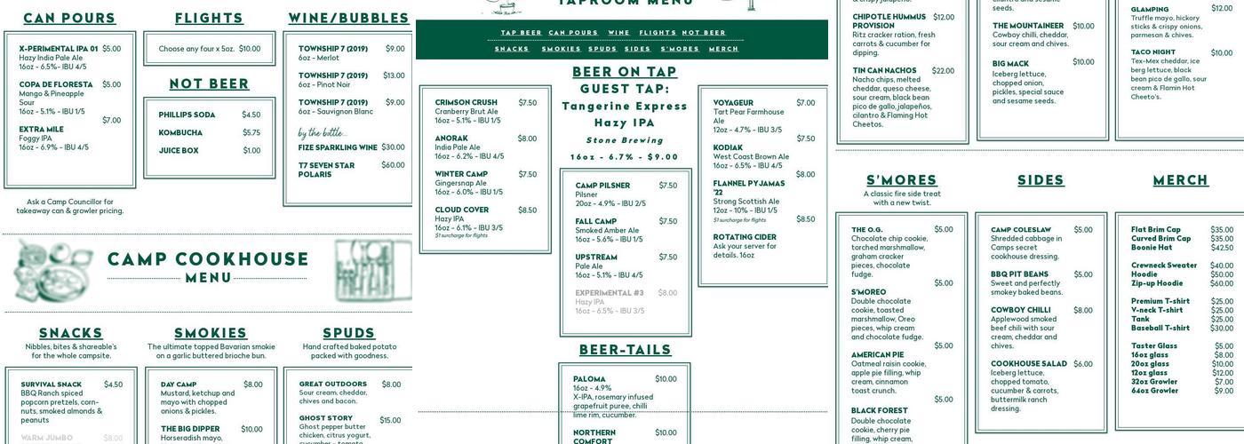 CAMP BEER CO. Menu