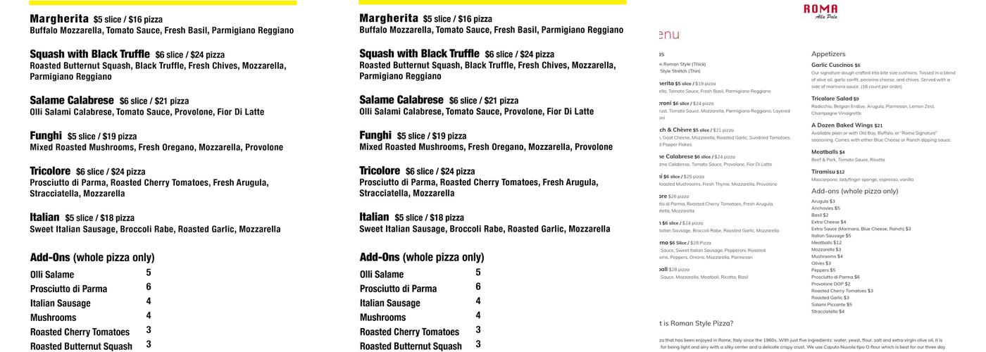 Roma Alla Pala Menu