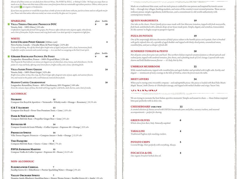 Pavia Gallery - Espresso Bar & Café Menu