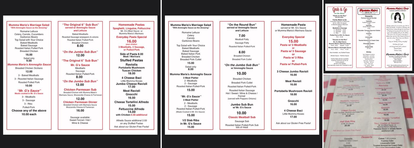 Mumma Maria's House Menu