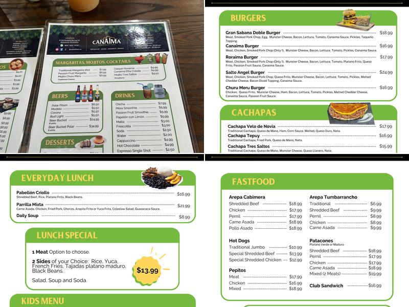 Canaima Venezuelan Food Menu