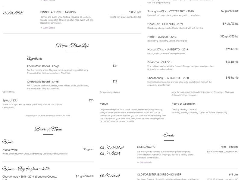 Happenings on Elm Menu