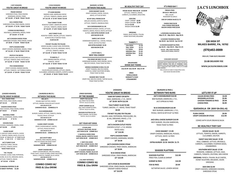 J.A.C'S Lunch Box Menu