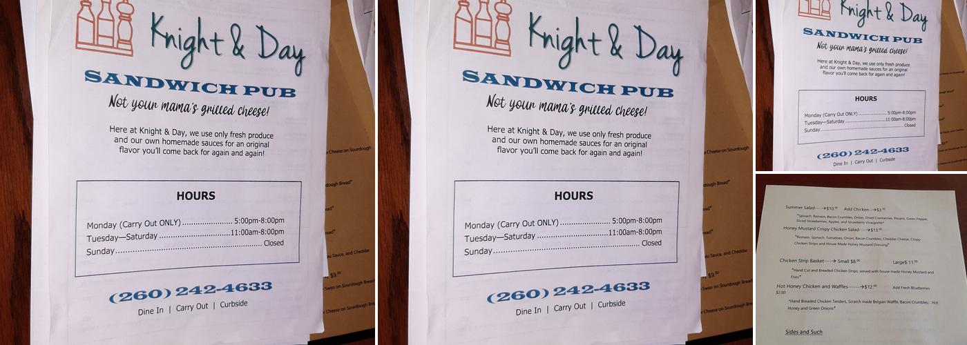 Knight & Day Sandwich Pub Menu