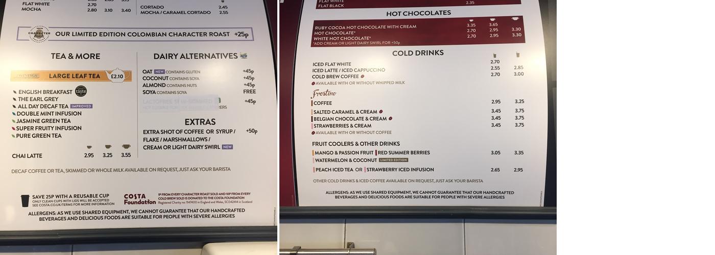 Costa Coffee Menu