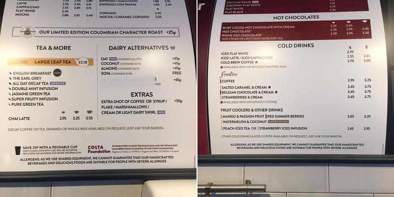 Costa Coffee Menu