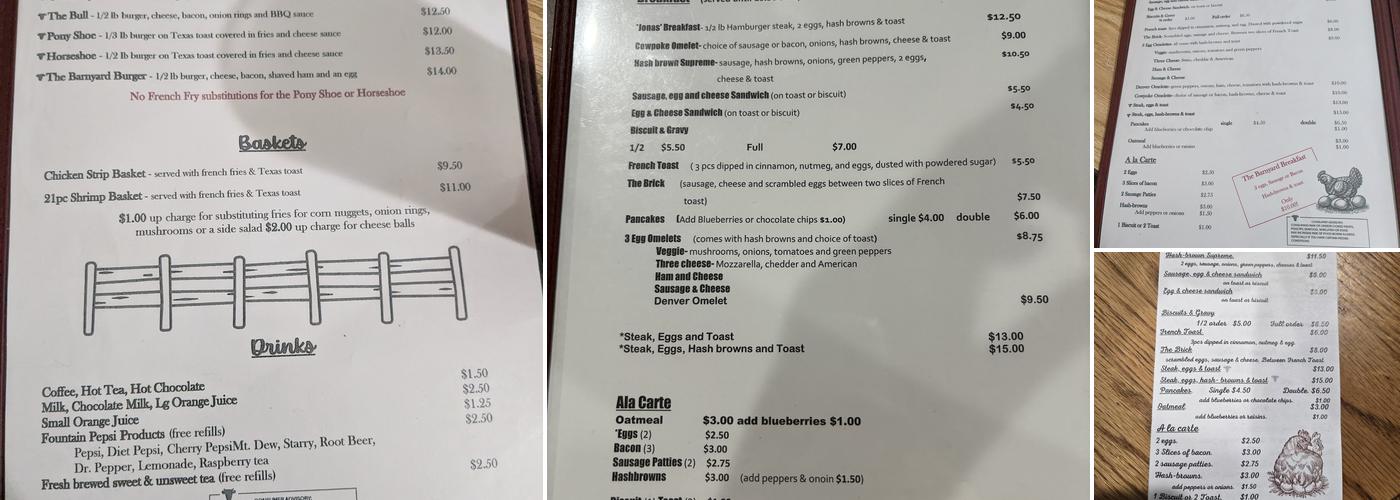The Barnyard Restaurant Menu