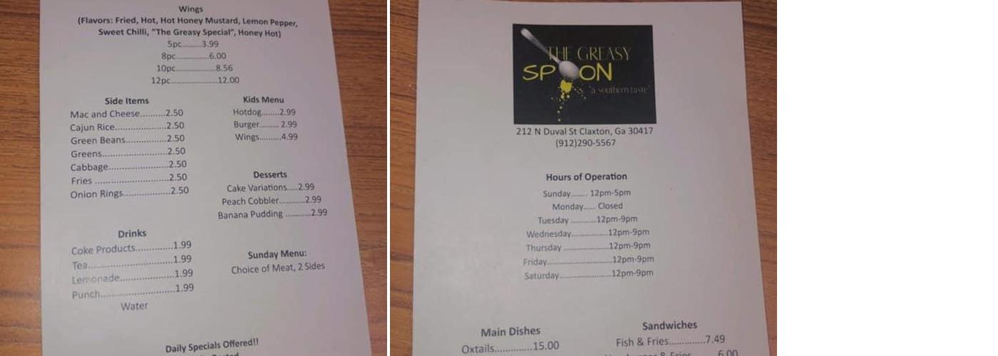 The Greasy Spoon Menu