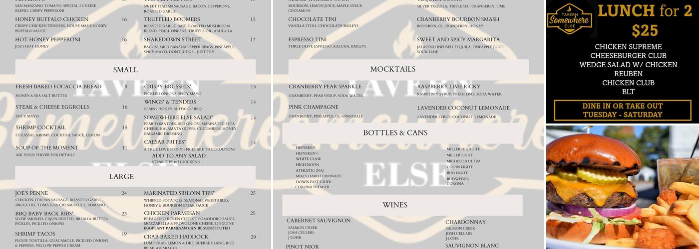 Somewhere Else Tavern Menu
