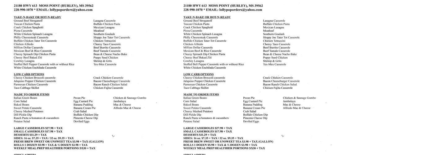 Lolly & Pop's Kitchen & Bakery Menu