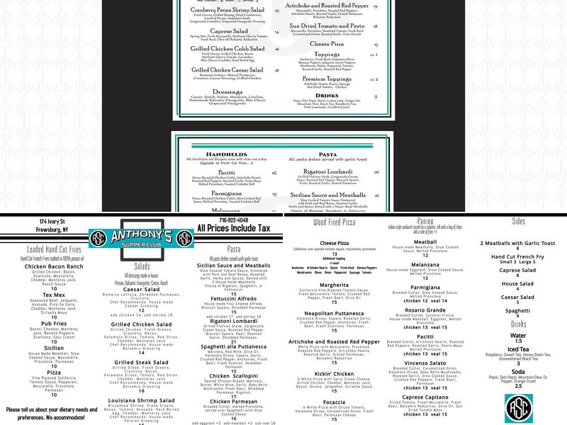 Anthony’s Supper Club Menu