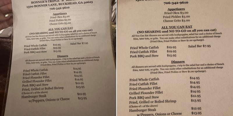 Bonner's Restaurant Menu