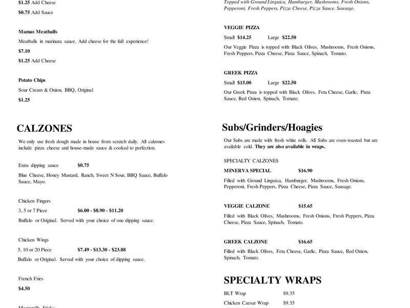 Minerva Pizza New Bedford Menu