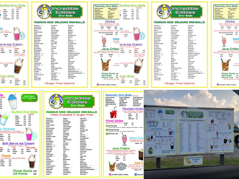 Incredible Edibles Sno-Balls Menu