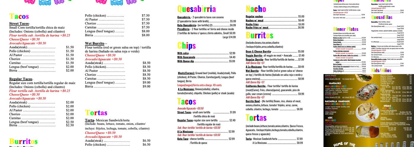Monica's Taqueria Menu