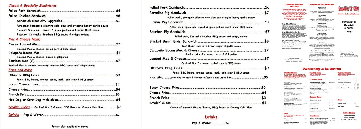 Smokin' Z BBQ Menu