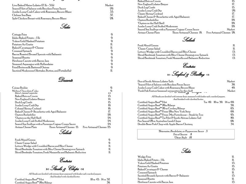 Frankie Rowland's Steakhouse Salem Menu