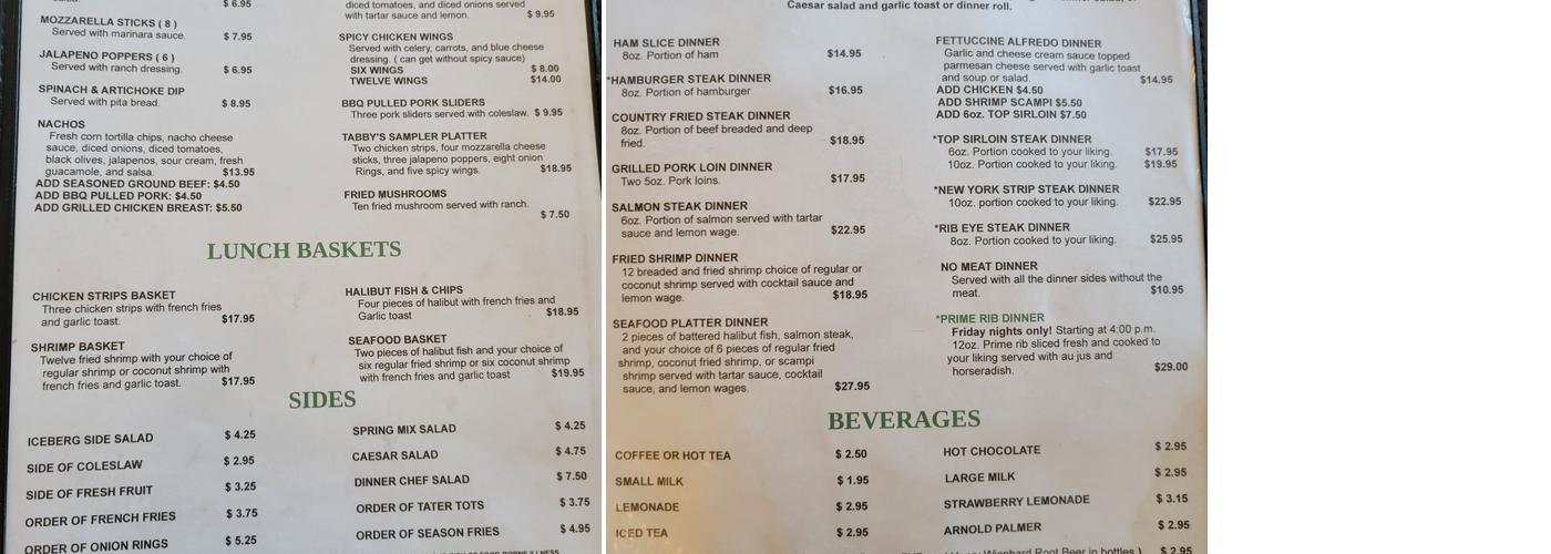 Tabby's Hole In One Clubhouse Menu