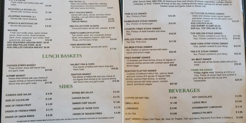 Tabby's Hole In One Clubhouse Menu