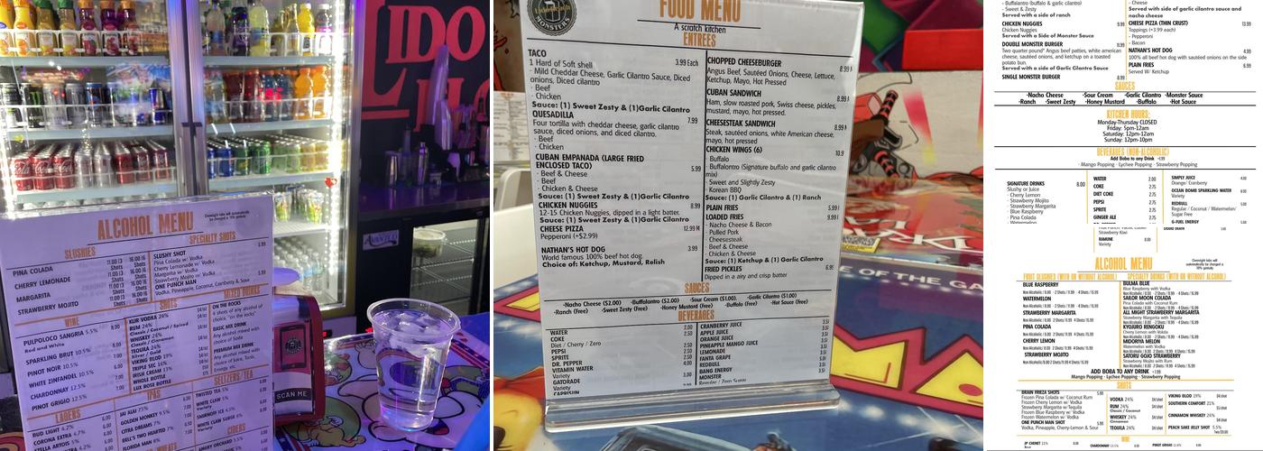 Arcade Monsters Lido Beach Menu