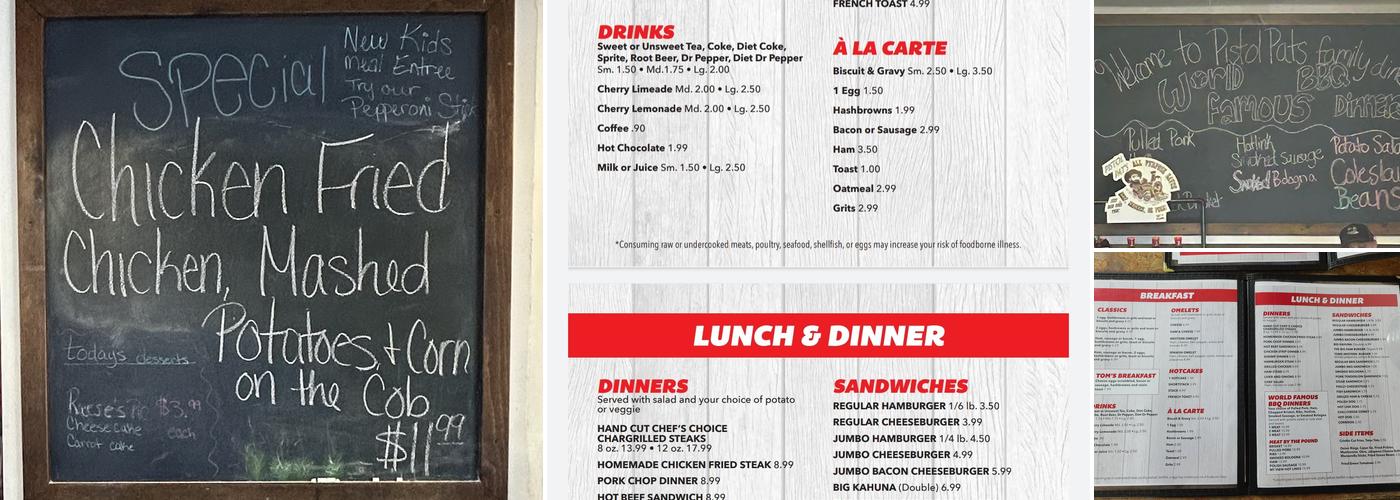 Pistol Pat's Family Diner on honey creek Menu