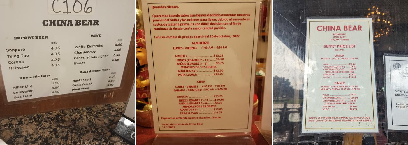 China Bear Buffet Restaurant Menu