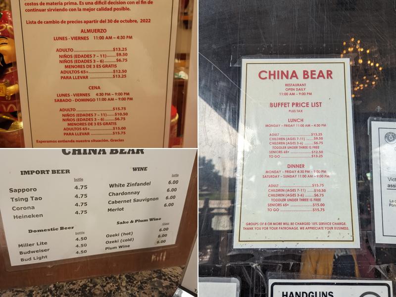 China Bear Buffet Restaurant Menu