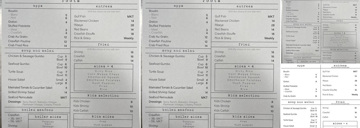 Roots Restaurant Menu