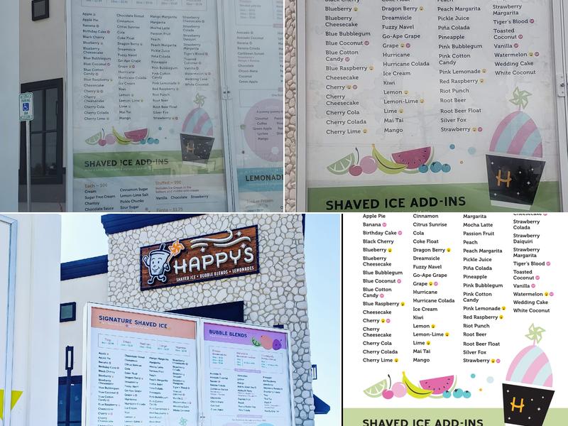 Happy's Shaved Ice, Bubble Blends and Lemonades Menu