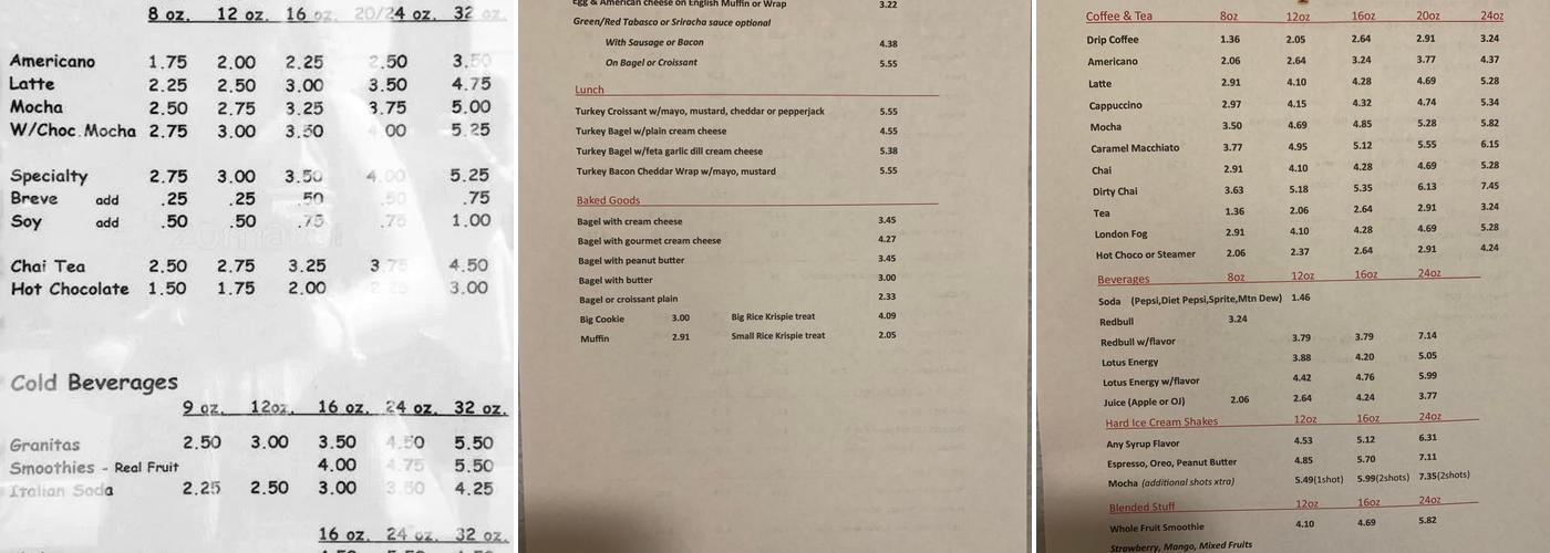 Steamers Espresso Menu