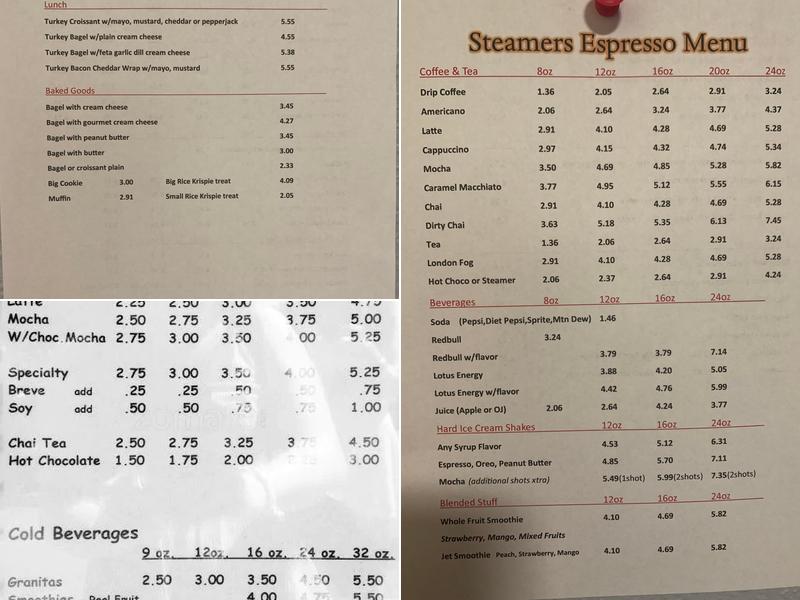 Steamers Espresso Menu