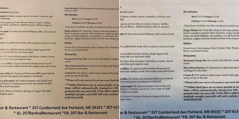 207 Bar & Restaurant Menu