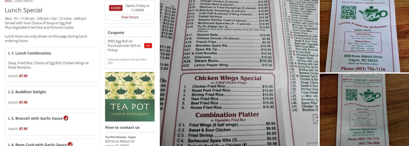 Tea Pot Chinese Restaurant Menu