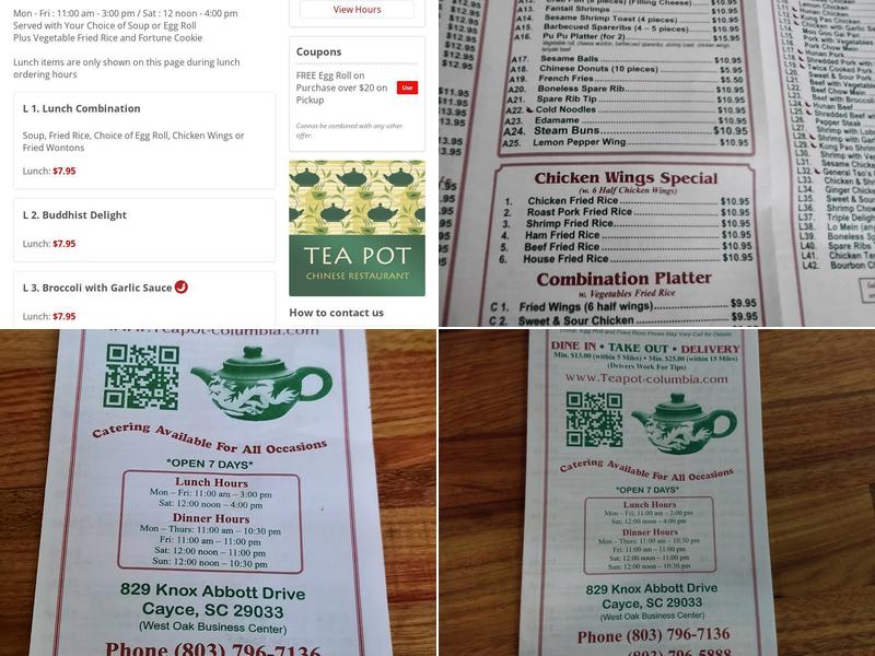 Tea Pot Chinese Restaurant Menu