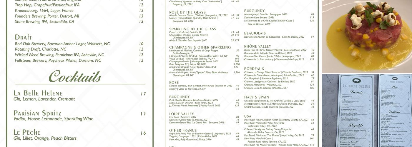 La Belle Helene Menu