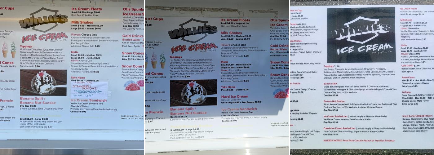 Willie's Ice Cream Menu