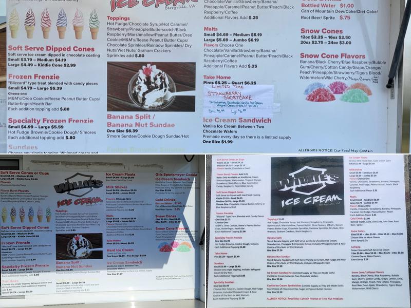 Willie's Ice Cream Menu