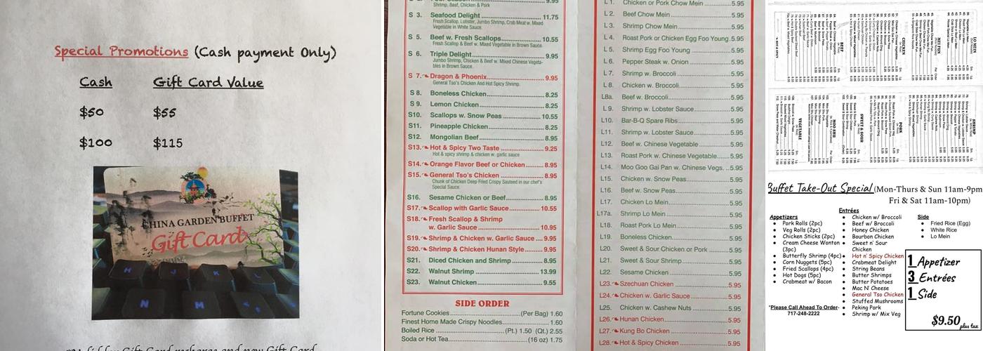 China Garden Buffet Menu