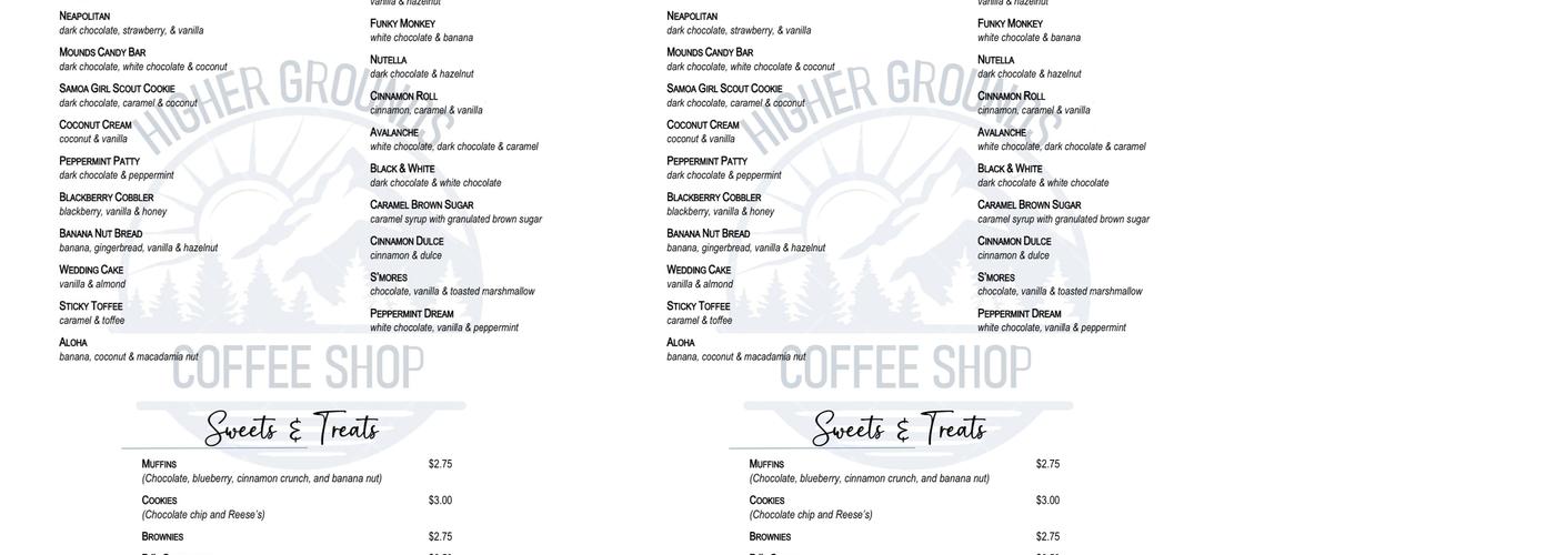 Higher Grounds Coffee Menu
