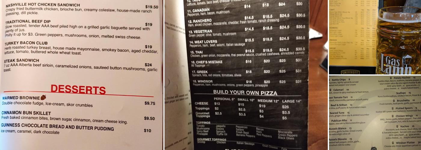 Windsor Rose pub Menu