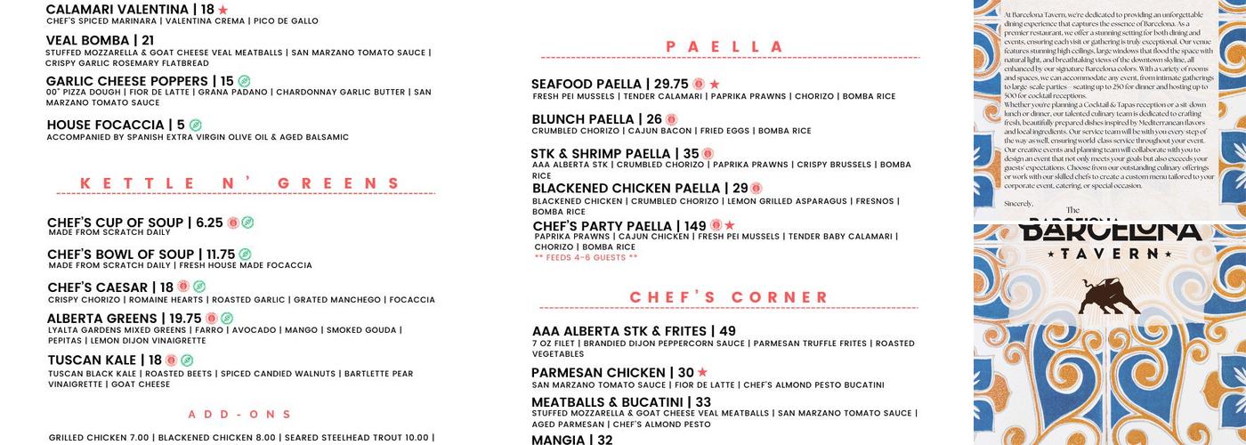 Barcelona Tavern Menu