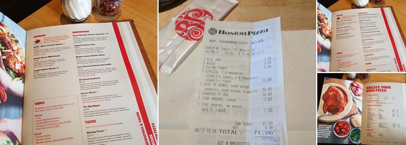Boston Pizza Menu