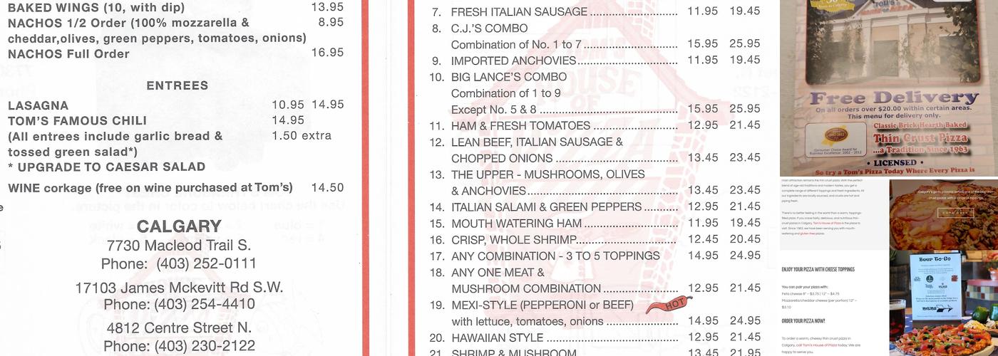 Tom's House Of Pizza Menu