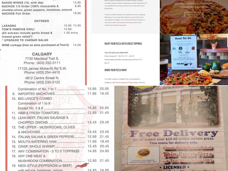 Tom's House Of Pizza Menu